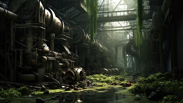 Forgotten steampunk factory amidst overgrowth