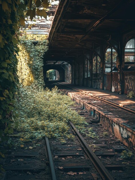 Photo forgotten train station with overgrown platform and tracks