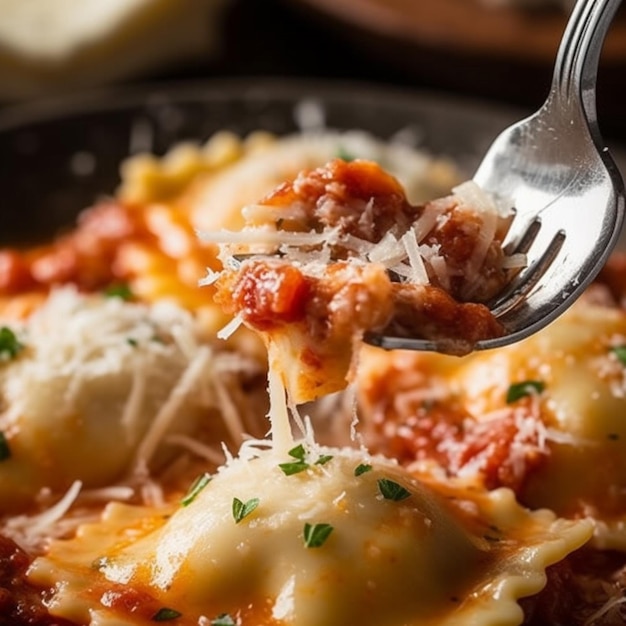 A fork is holding up a piece of ravioli with cheese on it.