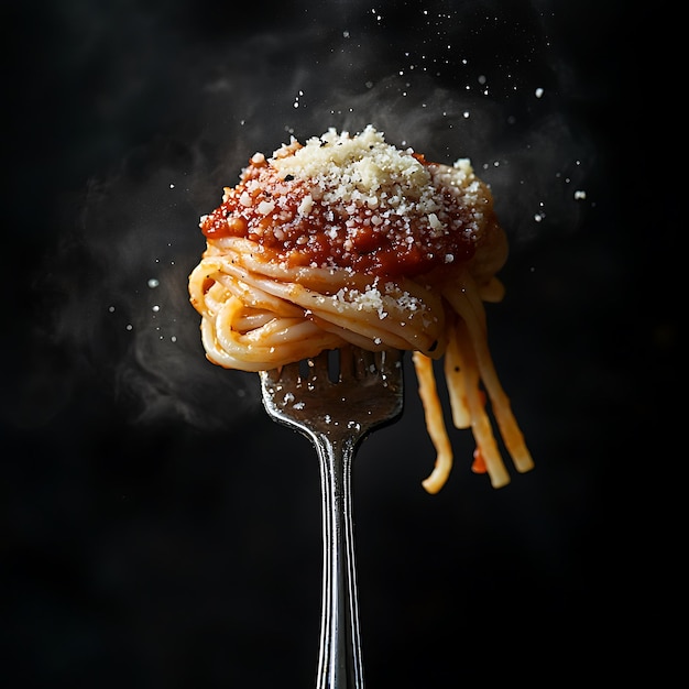 Photo a fork is stuck in a fork with pasta and tomato sauce