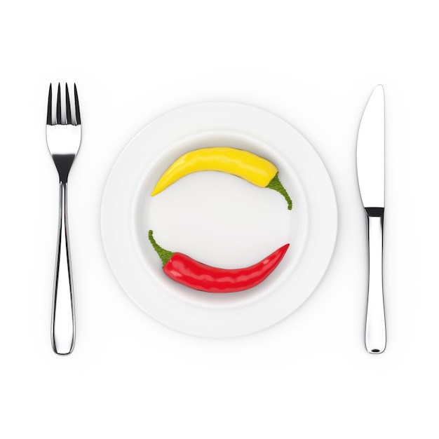 Fork and Knife near Plate with Red and Yellow  Chili Pepper, Top View on a white background. 3d Rendering