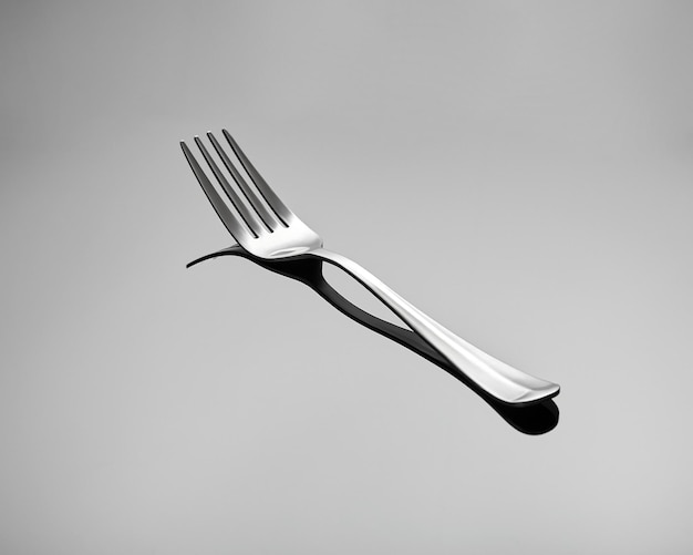 The fork lies on a gray glossy background