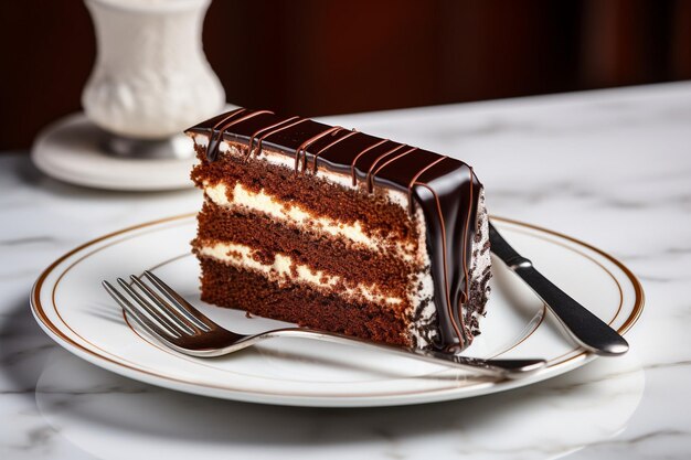 Fork and slice of cake on white plate