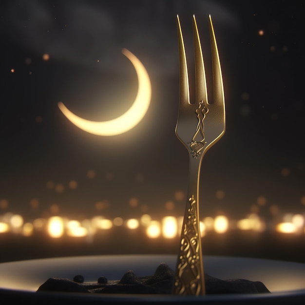 A fork with a gold design sits on a plate with the moon in the background.