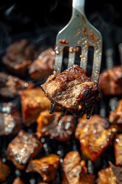 Photo fork with pieces of delicious barbecued meat on background