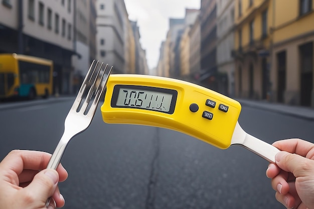 Photo fork with yellow meter measuring body volume in empty city