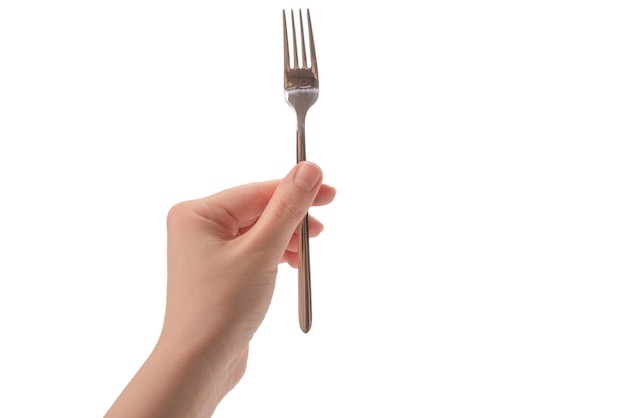 Fork in woman hand isolated on white.