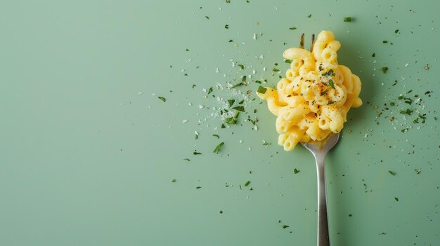 Photo forkful of creamy macaroni and cheese garnished with herbs on green surface