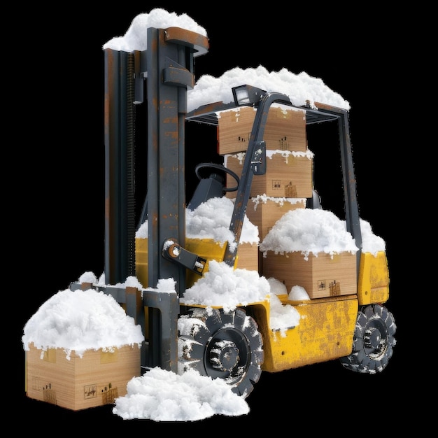 Photo forklift covered in snow with stacked boxes during winter