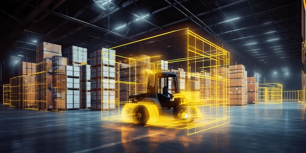 Forklift doing storage in warehouse by artificial intelligence automation Robotics applied to