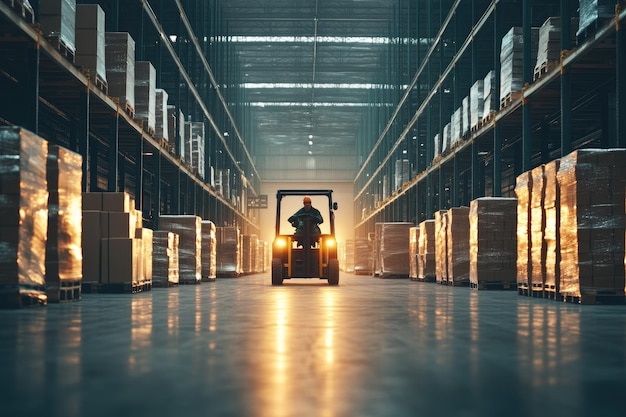 Photo forklift driver relocating and lifting goods in large warehouse center