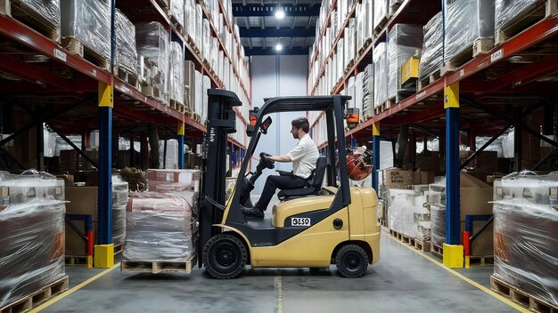 Forklift driver relocating and lifting goods in large warehouse center