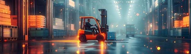 Forklift Driver with Inventory Scanner in Magical Warehouse Creative Wide Shot