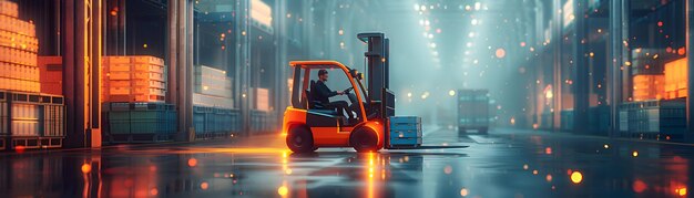 Photo forklift driver with inventory scanner in magical warehouse creative wide shot