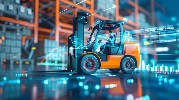 Forklift Financial Analysis Chart in Double Exposure for Distribution Economic Management Phot