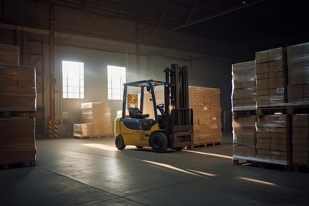 Forklift for loading pallets with packages in warehouse interior Generative AI