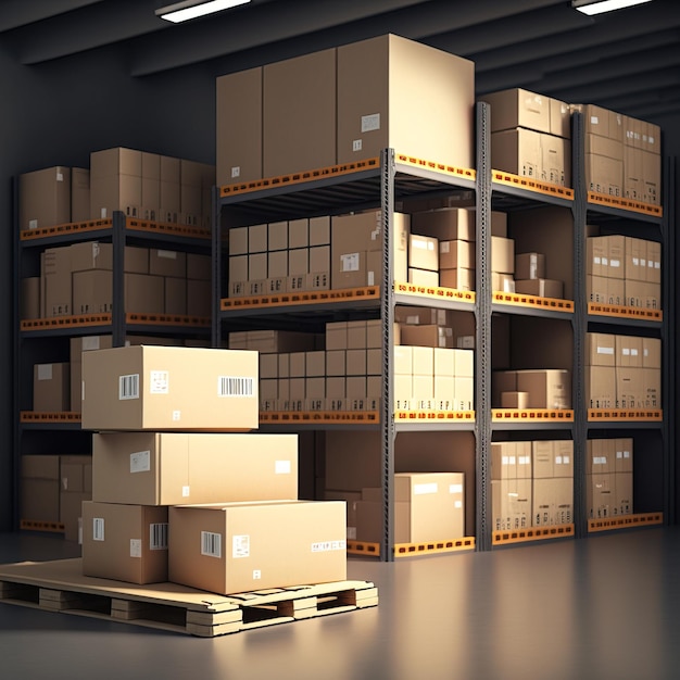 A forklift loads pallets and boxes onto racks in a huge hangar or warehouse AI generative