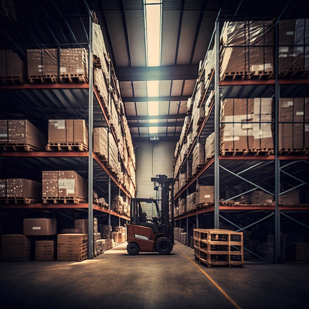 A forklift loads pallets and boxes onto racks in a huge hangar or warehouse AI generative