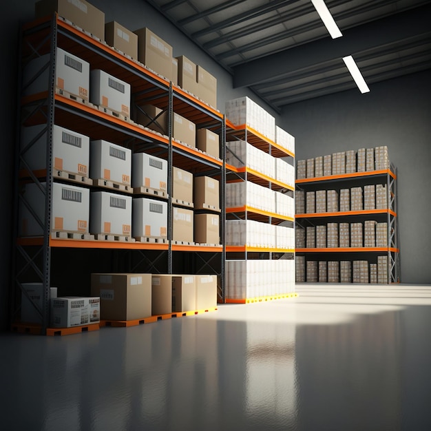 A forklift loads pallets and boxes onto racks in a huge hangar or warehouse AI generative