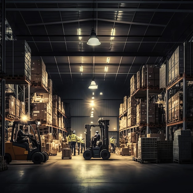 A forklift loads pallets and boxes onto racks in a huge hangar or warehouse AI generative