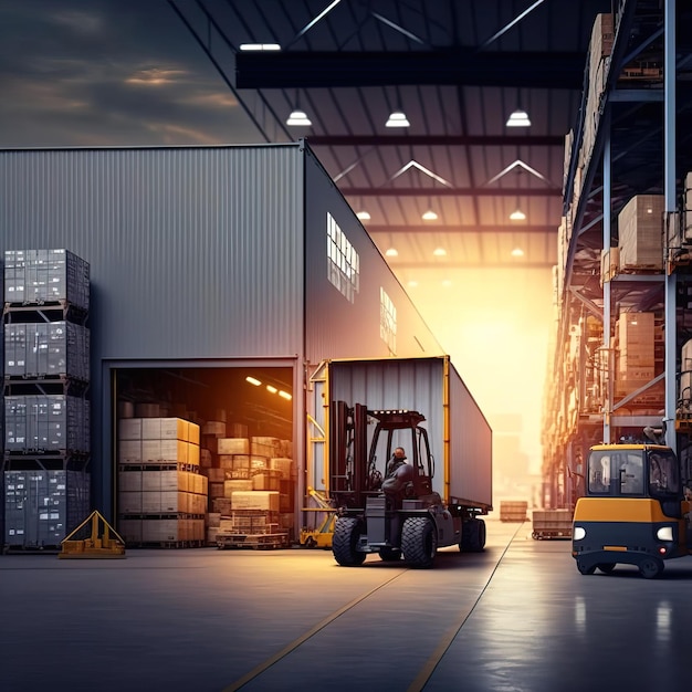 A forklift loads pallets and boxes onto racks in a huge hangar or warehouse AI generative