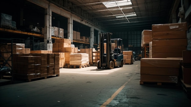 Forklift loads pallets and boxes in warehouse Generative AI