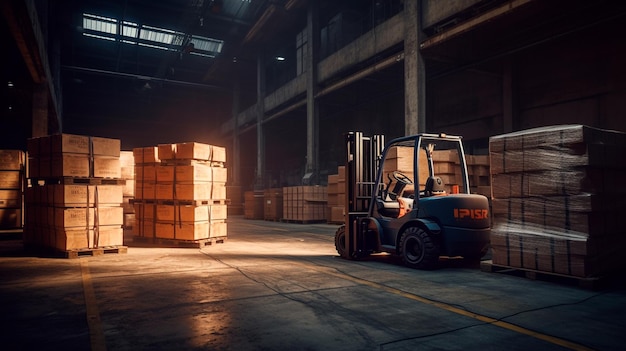 Forklift loads pallets and boxes in warehouse Generative AI