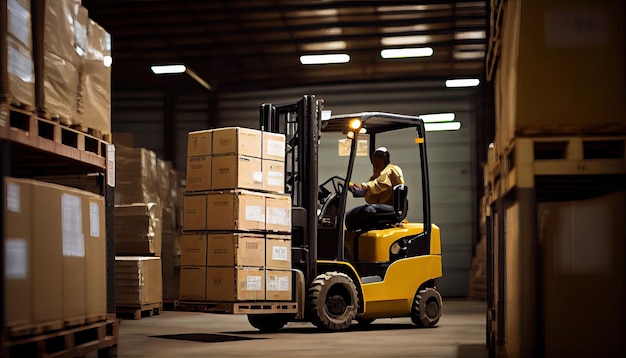 Forklift loads pallets and boxes in warehouse