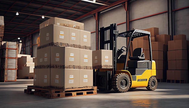 Forklift loads pallets and boxes in warehouse