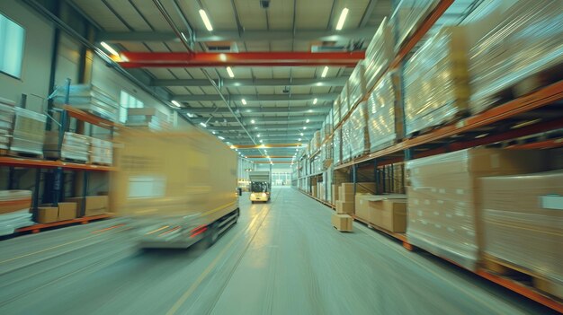 Forklift in motion in a busy warehouse with shelves of goods