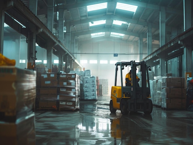 Photo a forklift operator moves pallets of goods inside a large welllit warehouse with high ceilings and i