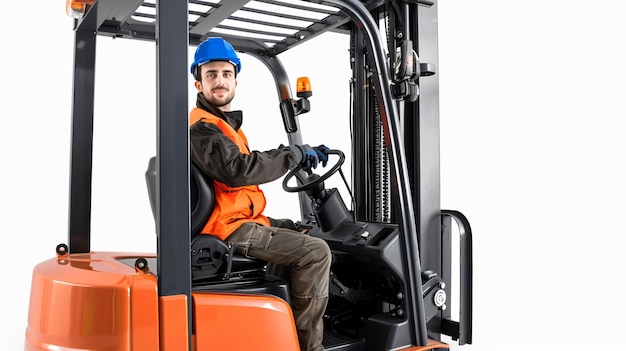 Forklift operator with a forklift isolated on white background