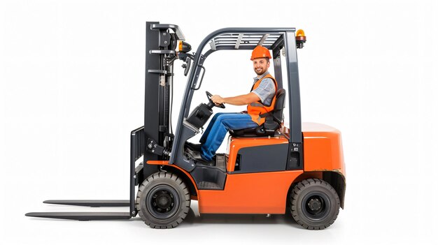 Forklift operator with a forklift isolated on white background