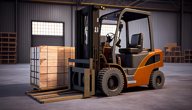 Forklift transporting cargo container in distribution warehouse generative AI