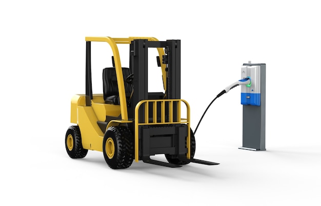 Forklift truck charges with electric recharging station