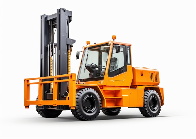 Forklift truck lifting container isolated on white background