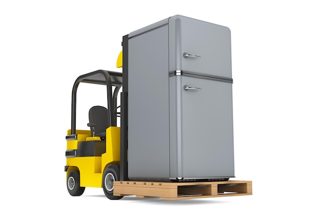 Forklift Truck moves Vintage Refrigerator on a white background