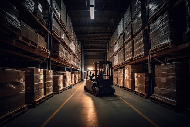 Forklift truck standing in aisle between largescale shelves generative ai