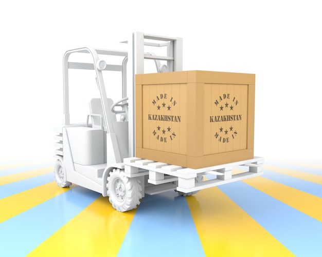 Forklift Truck with Made in Kazakhstan Wooden Box on Pallet. 3D Rendering