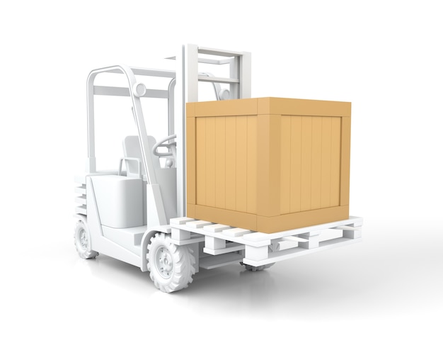 Forklift Truck with Wooden Box on Pallet. 3D Rendering