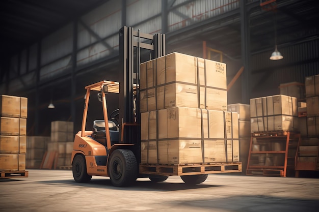 A forklift in a warehouse with boxes on the back