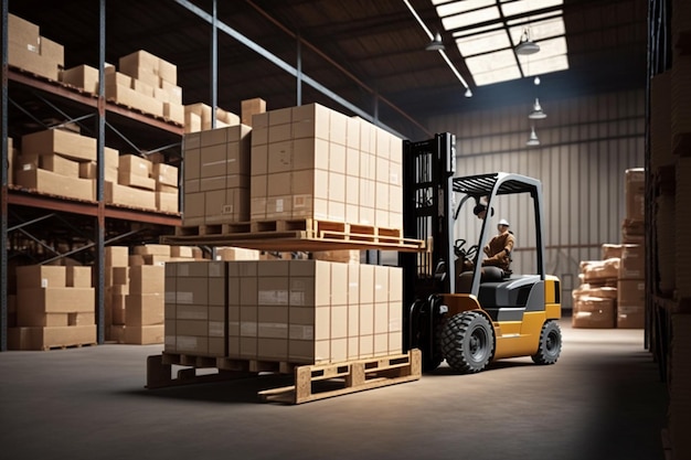 A forklift in a warehouse with boxes on the shelves.