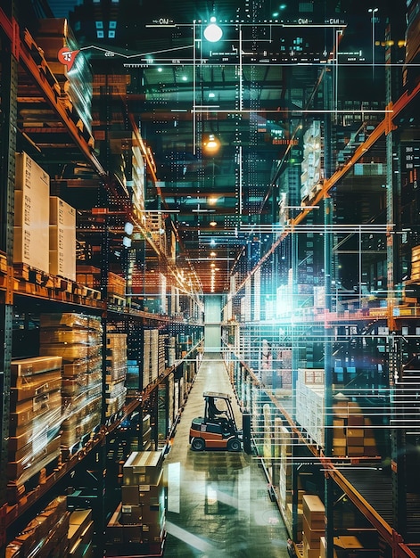 Forklift in a Warehouse with Digital Overlays A forklift driving down an aisle in a warehouse wit