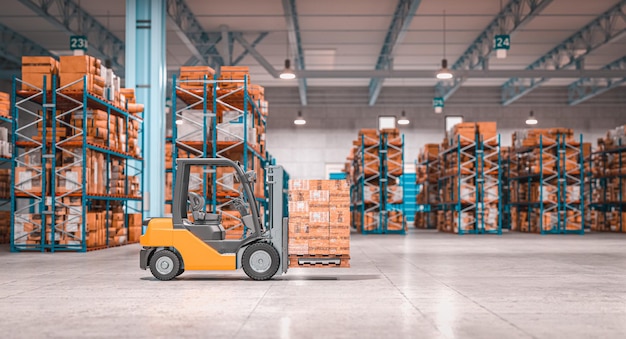 Forklift with pallets inside a warehouse