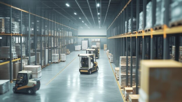 Forklifts operating in a large warehouse with stacked boxes