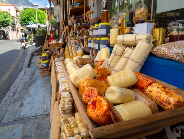 Formaella Greek cheese, olives, honey and other Greek products in Arachova, Greece