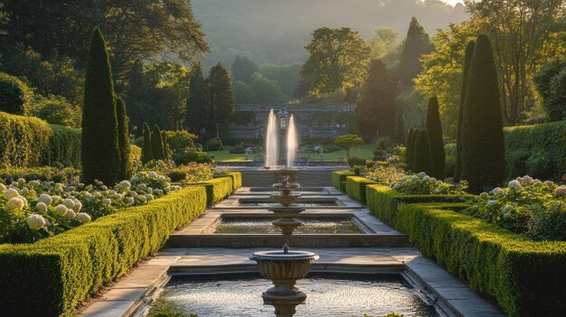 Formal Garden with a Fountain and Stone Steps