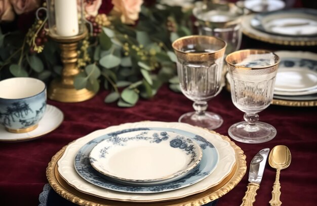 Formal holiday tablescape with blue decor dinner table setting table scape with elegant tableware and dinnerware for wedding party and event generative ai