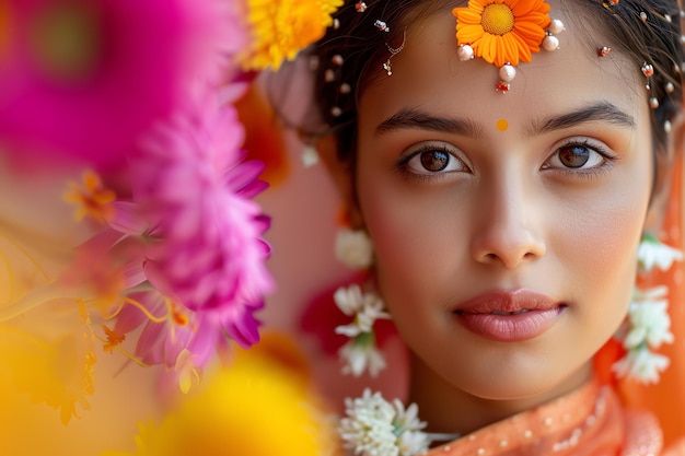 Photo formal indian woman adorned with flowers with pink and orange background indian illustration backgro