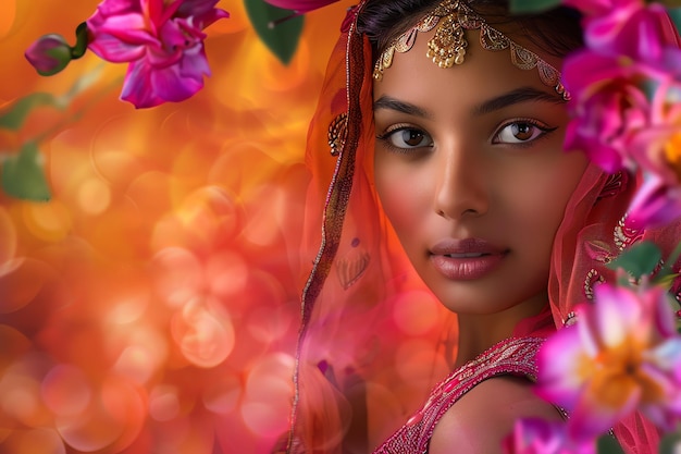 Photo formal indian woman adorned with flowers with pink and orange background indian illustration backgro